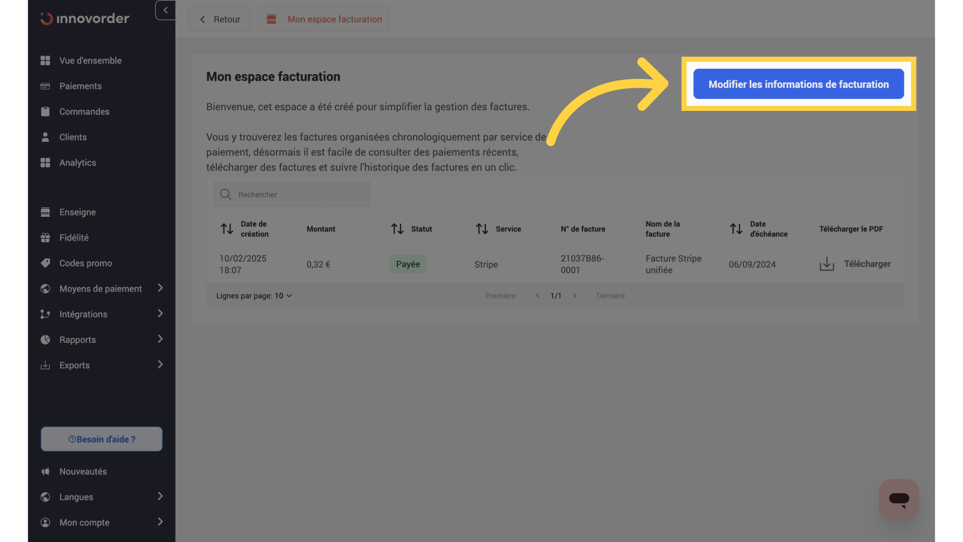 Modifier infos facturation