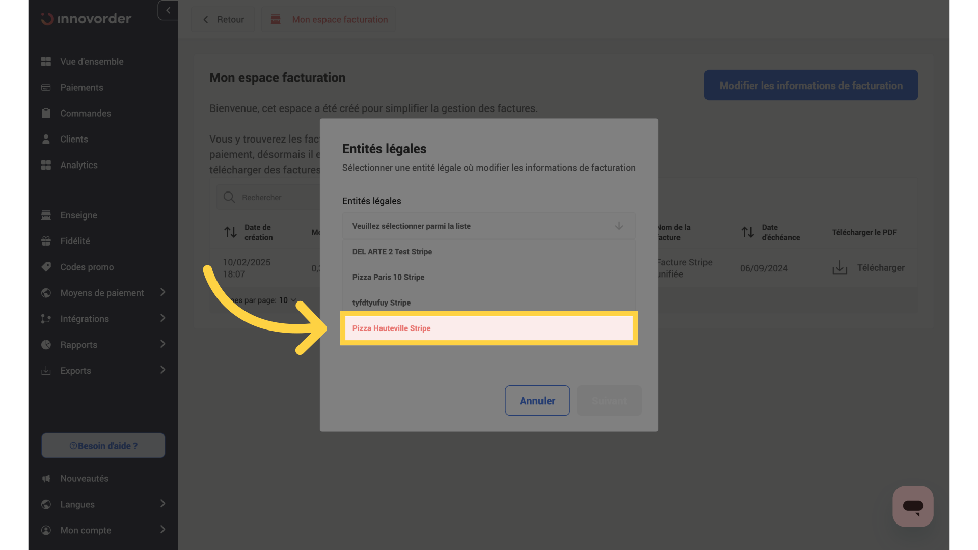 Choisir entité légale Stripe