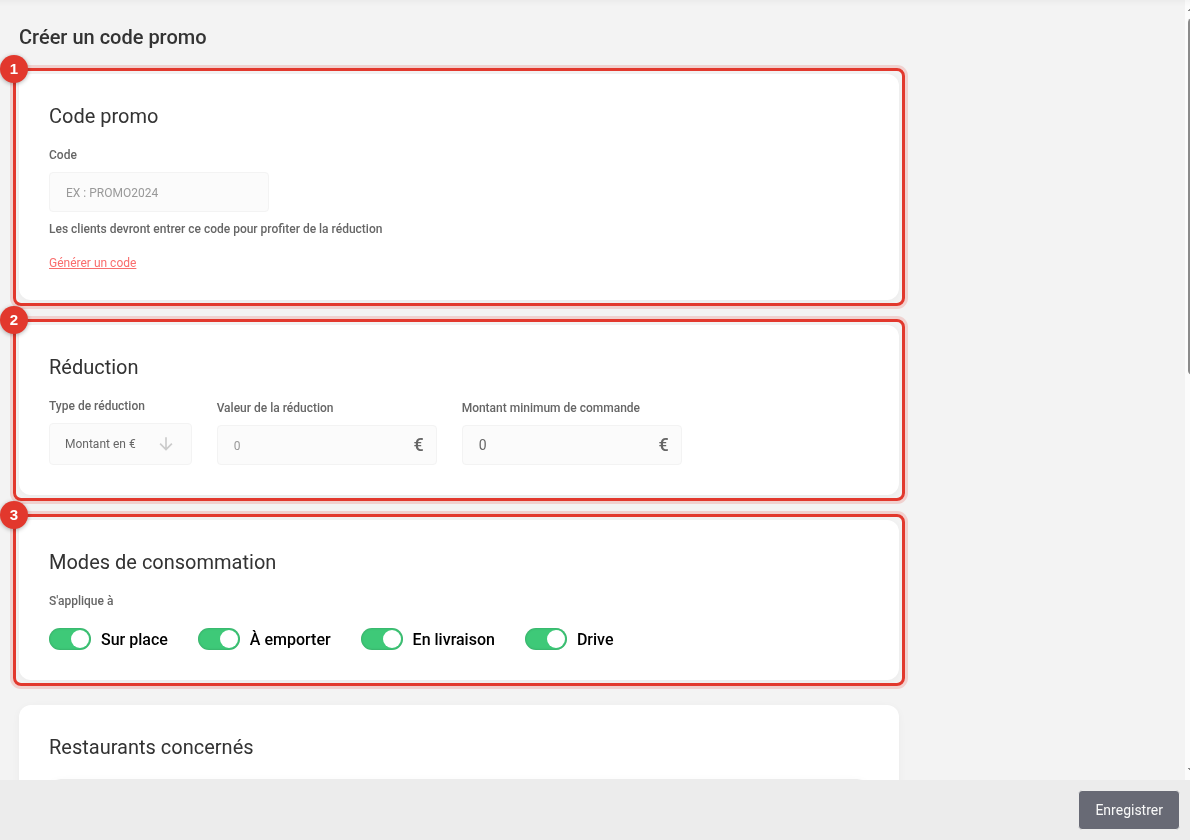 Formulaire de création : code, réduction et modes de consommation