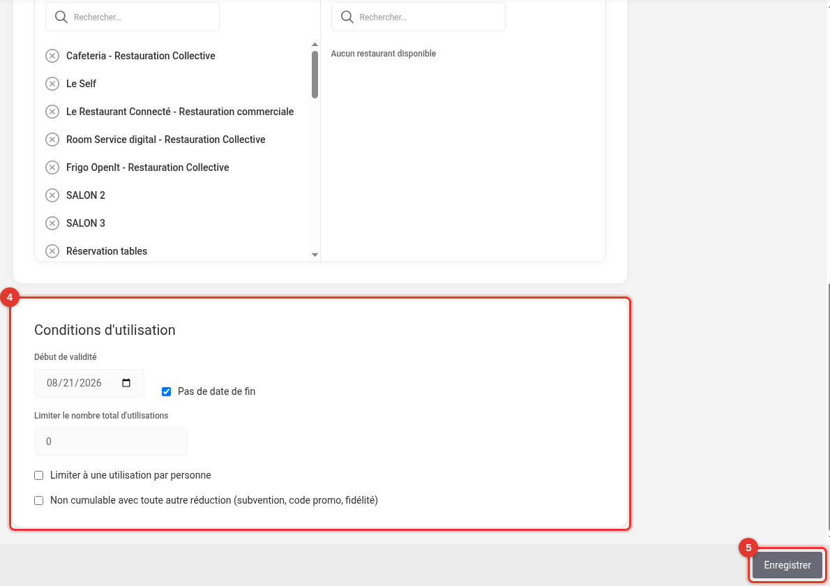 Conditions d'utilisation et bouton Enregistrer