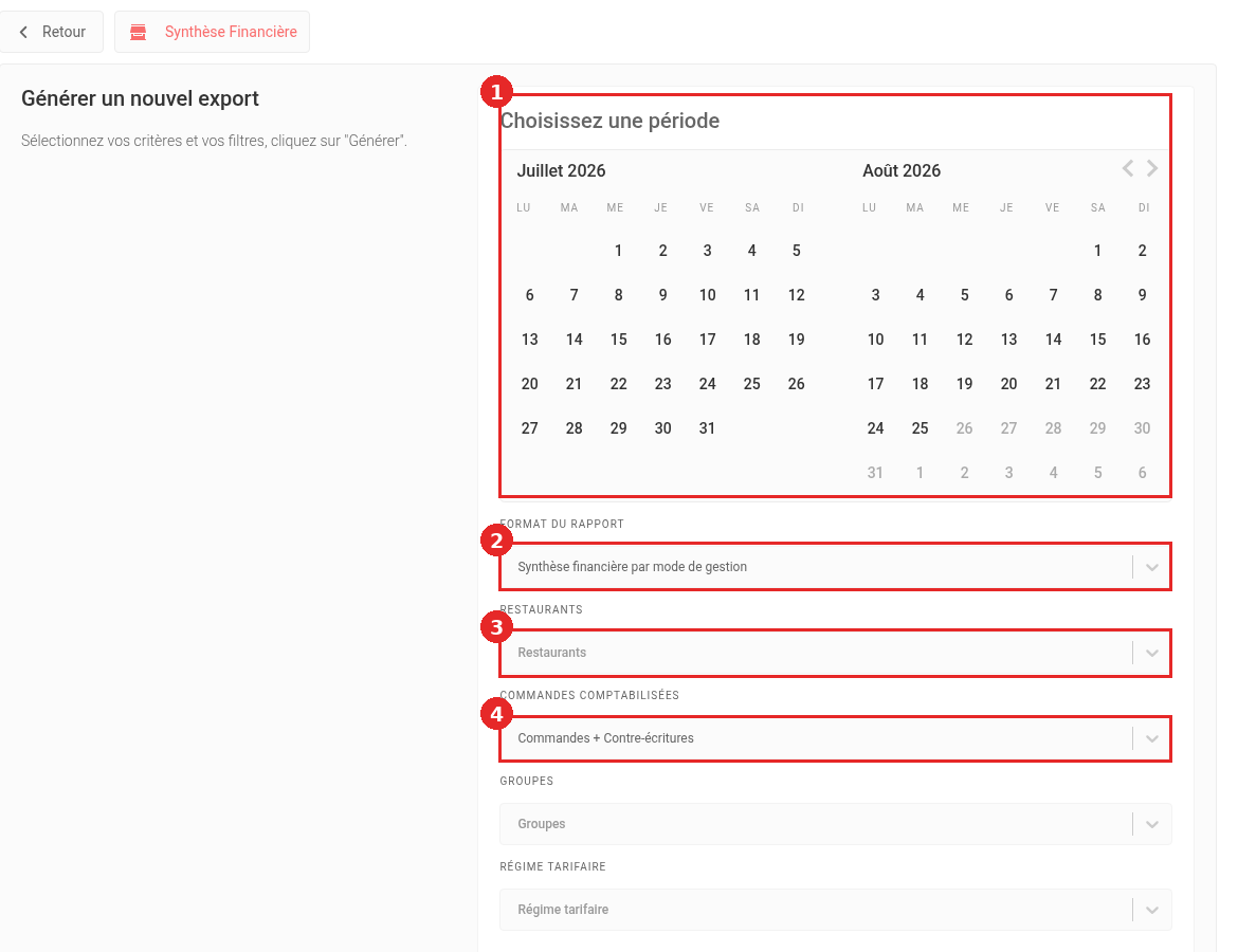 Écran Générer un nouvel export dans le Backoffice