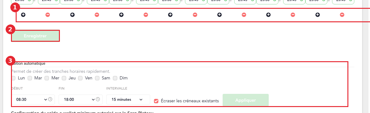 Boutons + et –, bouton Enregistrer et bloc Édition automatique