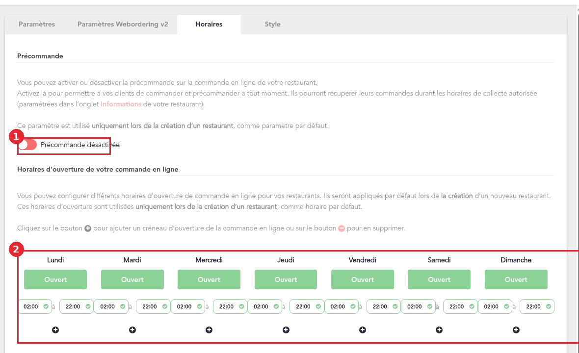 Onglet Horaires du canal Commande en ligne au niveau de l'enseigne