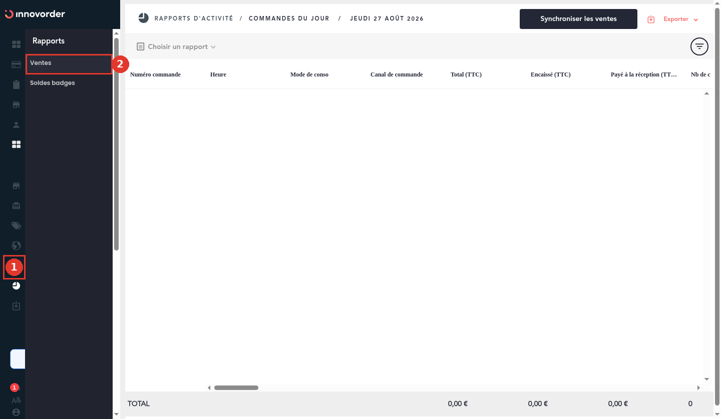 Menu Rapports puis Ventes dans le Backoffice Innovorder