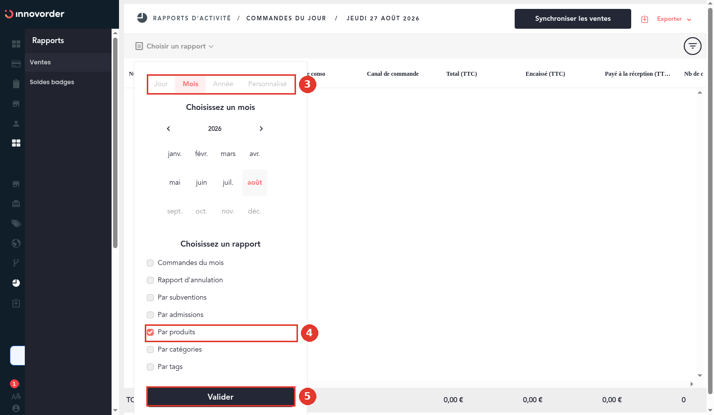 Panneau Choisir un rapport avec l'option Par produits cochée
