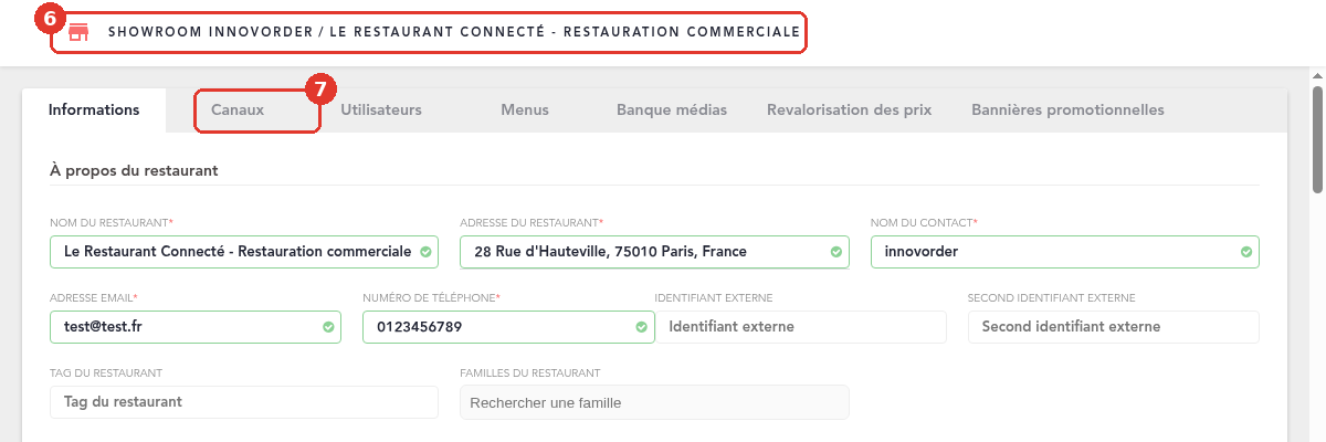 Fiche restaurant et onglet Canaux