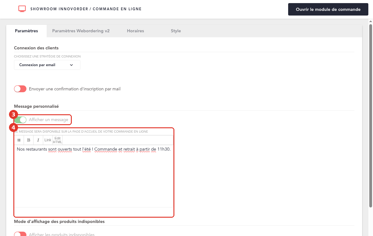 Section Message personnalisé au niveau Enseigne avec l’éditeur de texte
