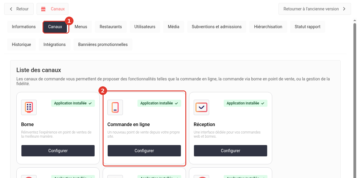 Onglet Canaux de l’enseigne et bouton Configurer de la commande en ligne