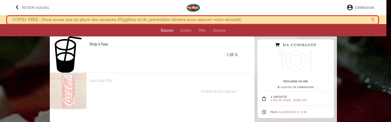 Message personnalisé du restaurant en haut du catalogue