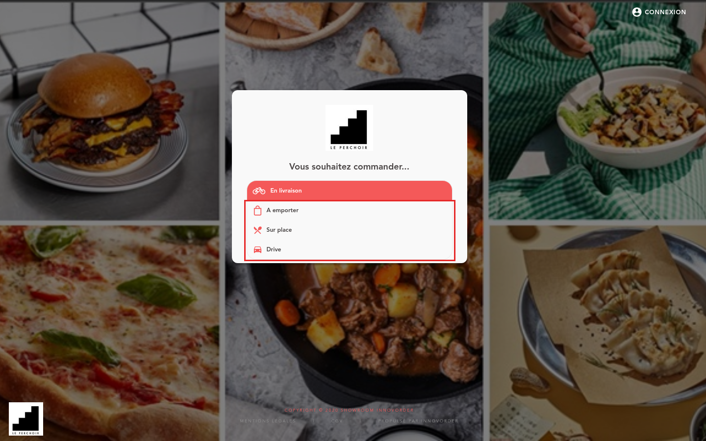 Choix du mode de consommation sur le site de commande en ligne