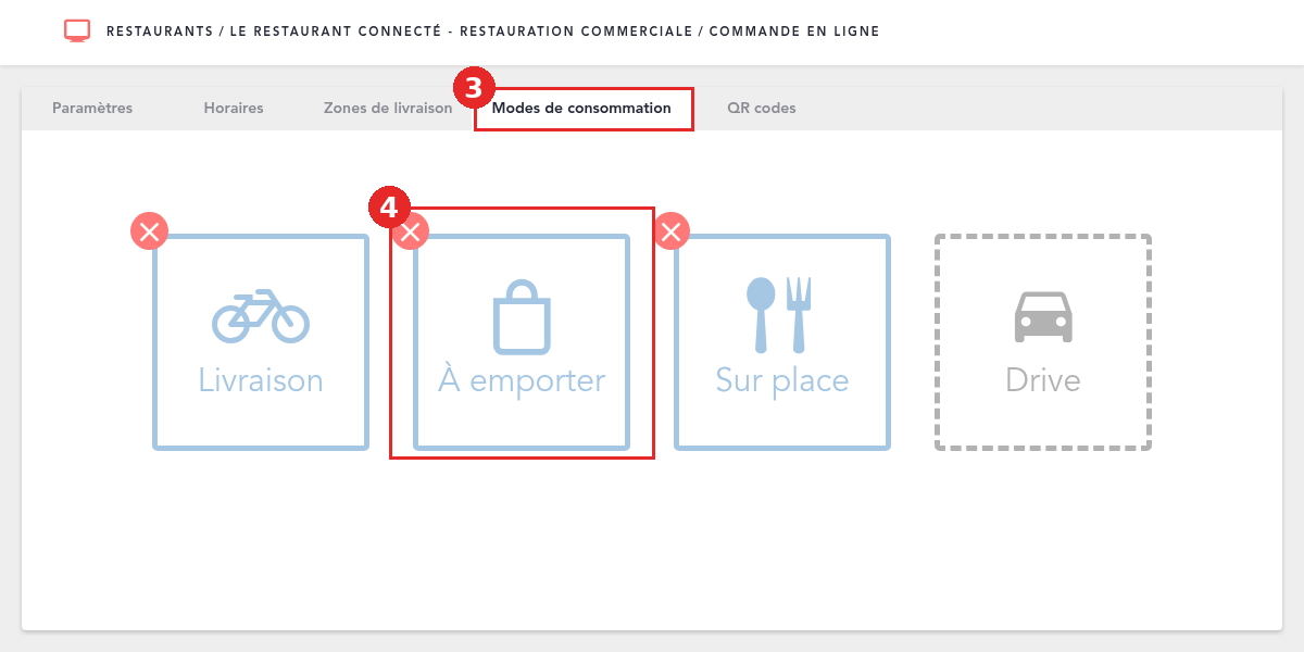 Onglet Modes de consommation : tuiles Livraison, À emporter, Sur place et Drive