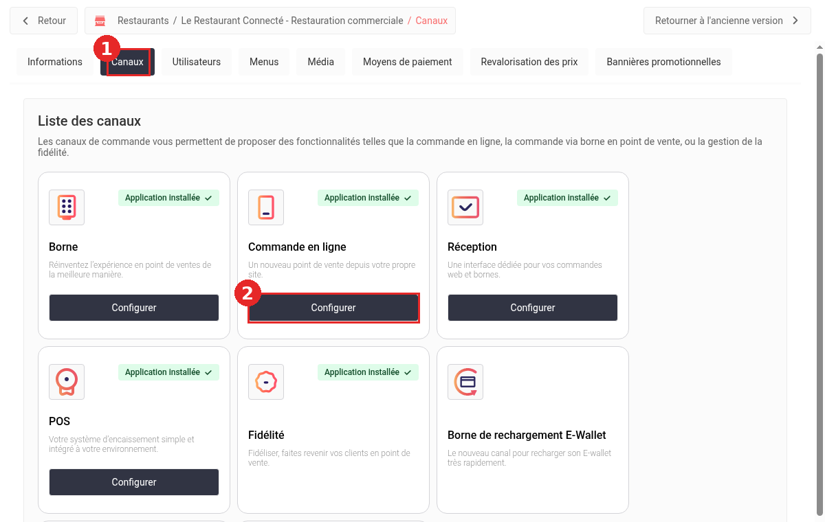 Onglet Canaux du restaurant et carte Commande en ligne dans le Backoffice