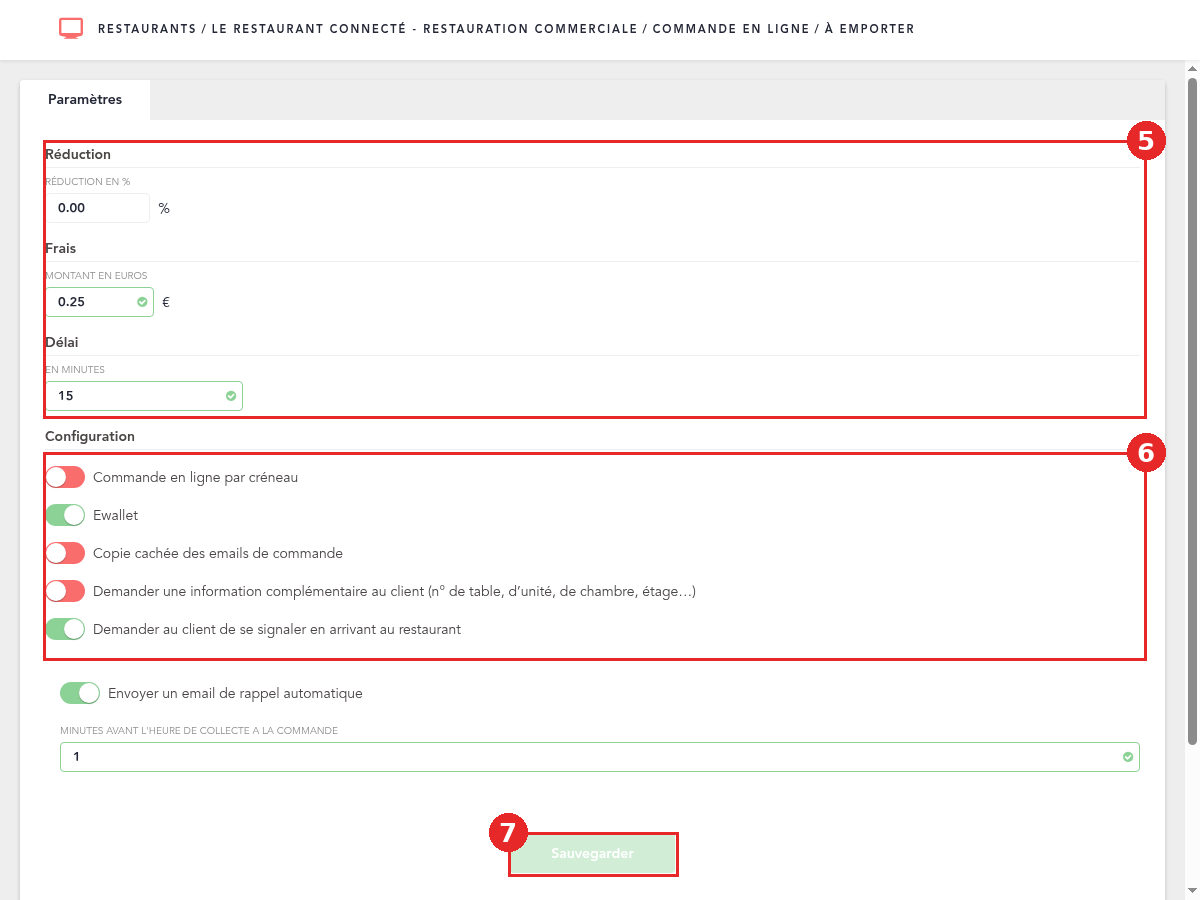 Écran de paramétrage du mode À emporter : réduction, frais, délai et options