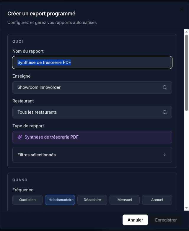 Fenêtre Créer un export programmé — bloc QUOI