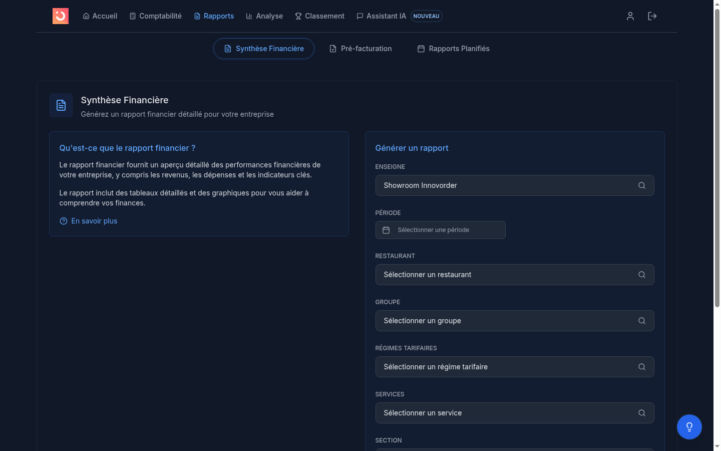 Onglet Rapports > Synthèse Financière et bouton Programmer cet envoi par e-mail