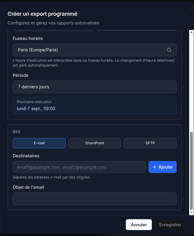 Bloc QUI — E-mail, SharePoint ou SFTP