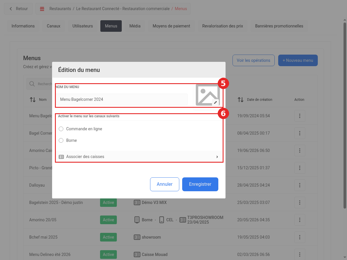 Fenêtre Édition du menu