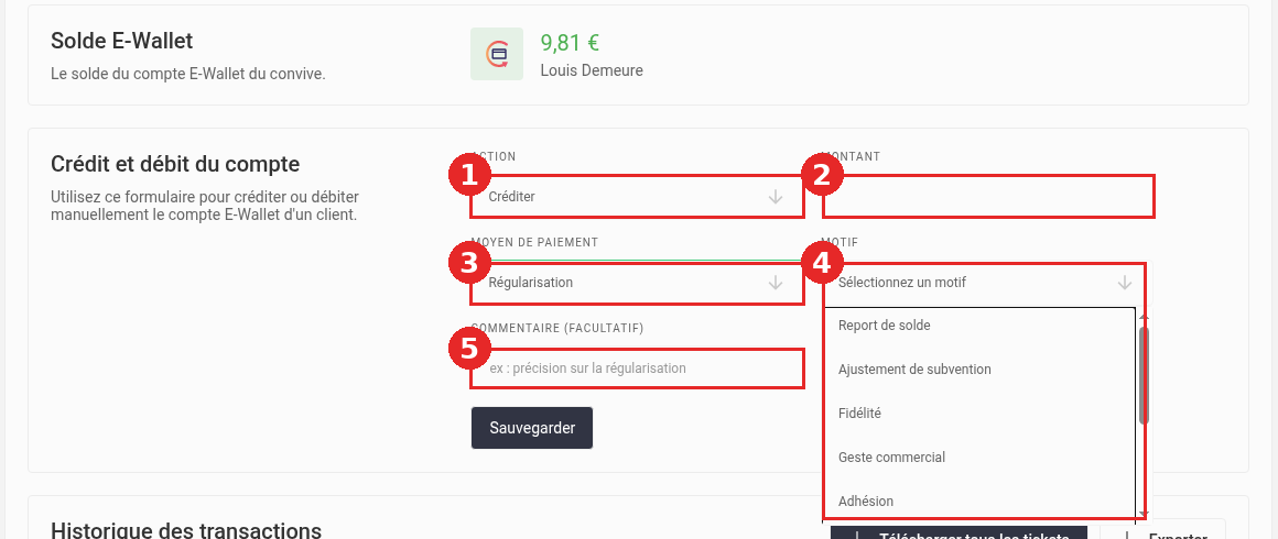 Formulaire de régularisation e-wallet dans le Backoffice